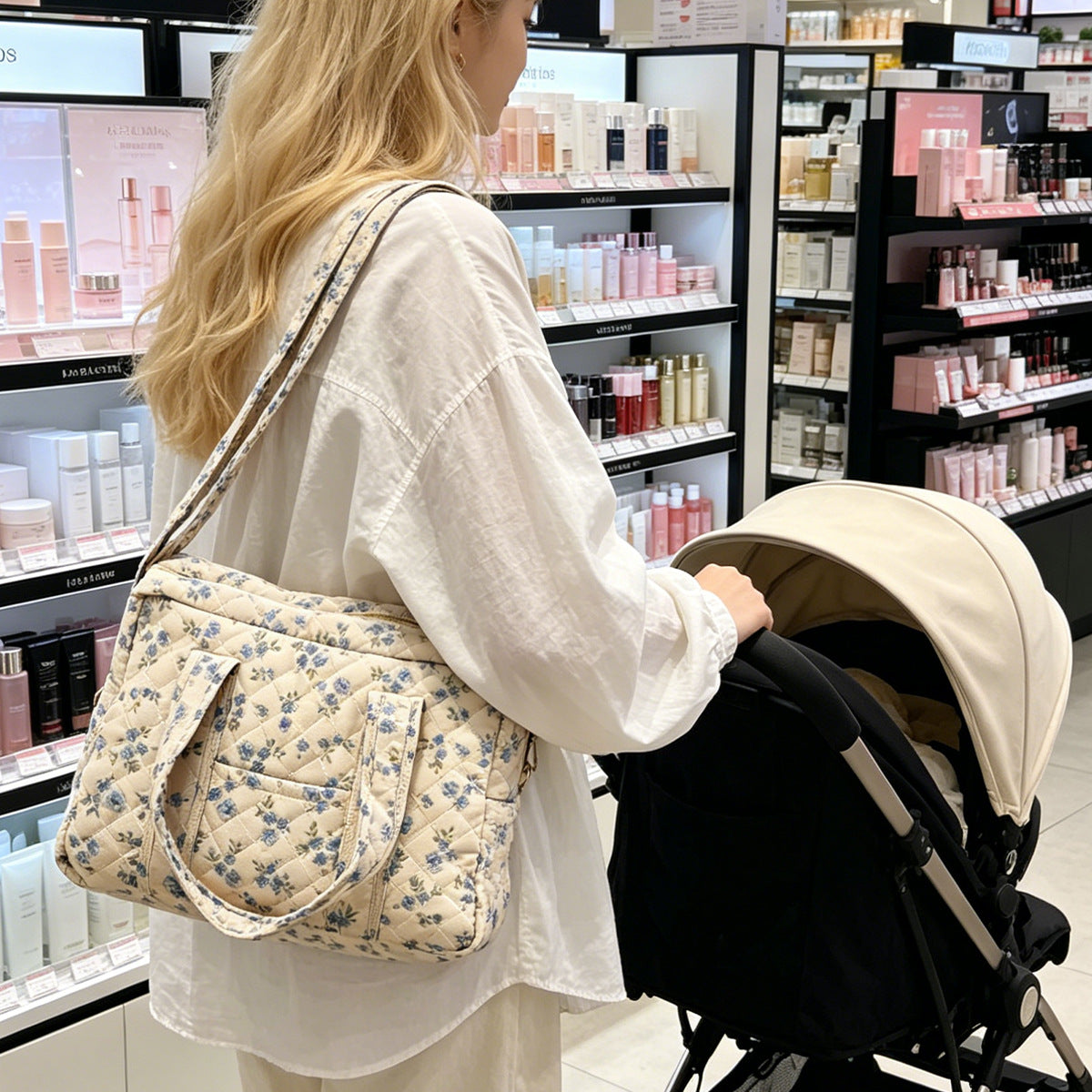 Lehaor Quilted Floral Diaper Bag Large Capacity Crossbody Mommy Bag
