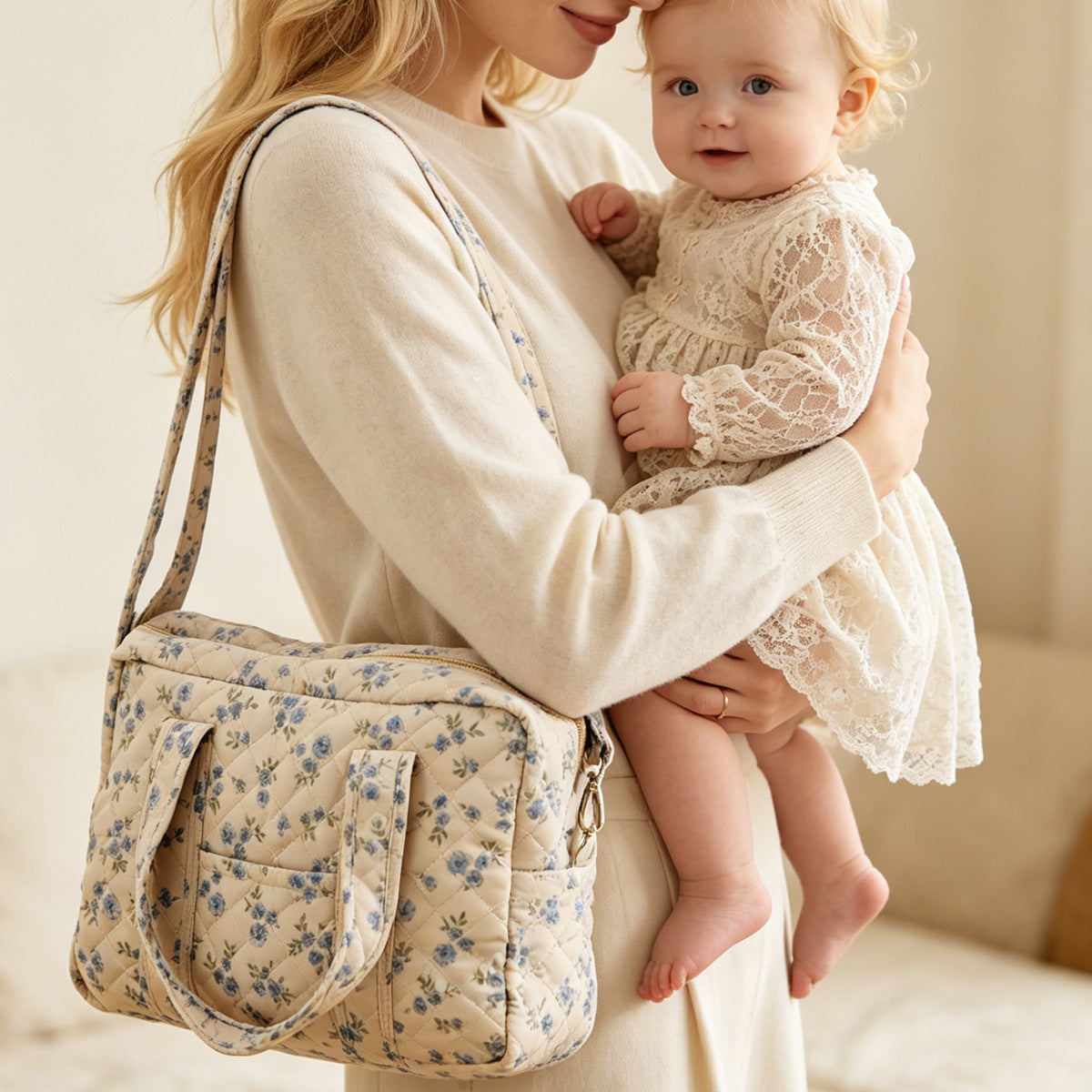 Lehaor Quilted Floral Diaper Bag Large Capacity Crossbody Mommy Bag